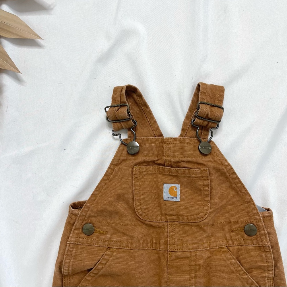 Carhartt Canvas Tan Brown Button Snap Bib Overalls Onesie Jumpsuit Size 12M - Picture 2 of 5